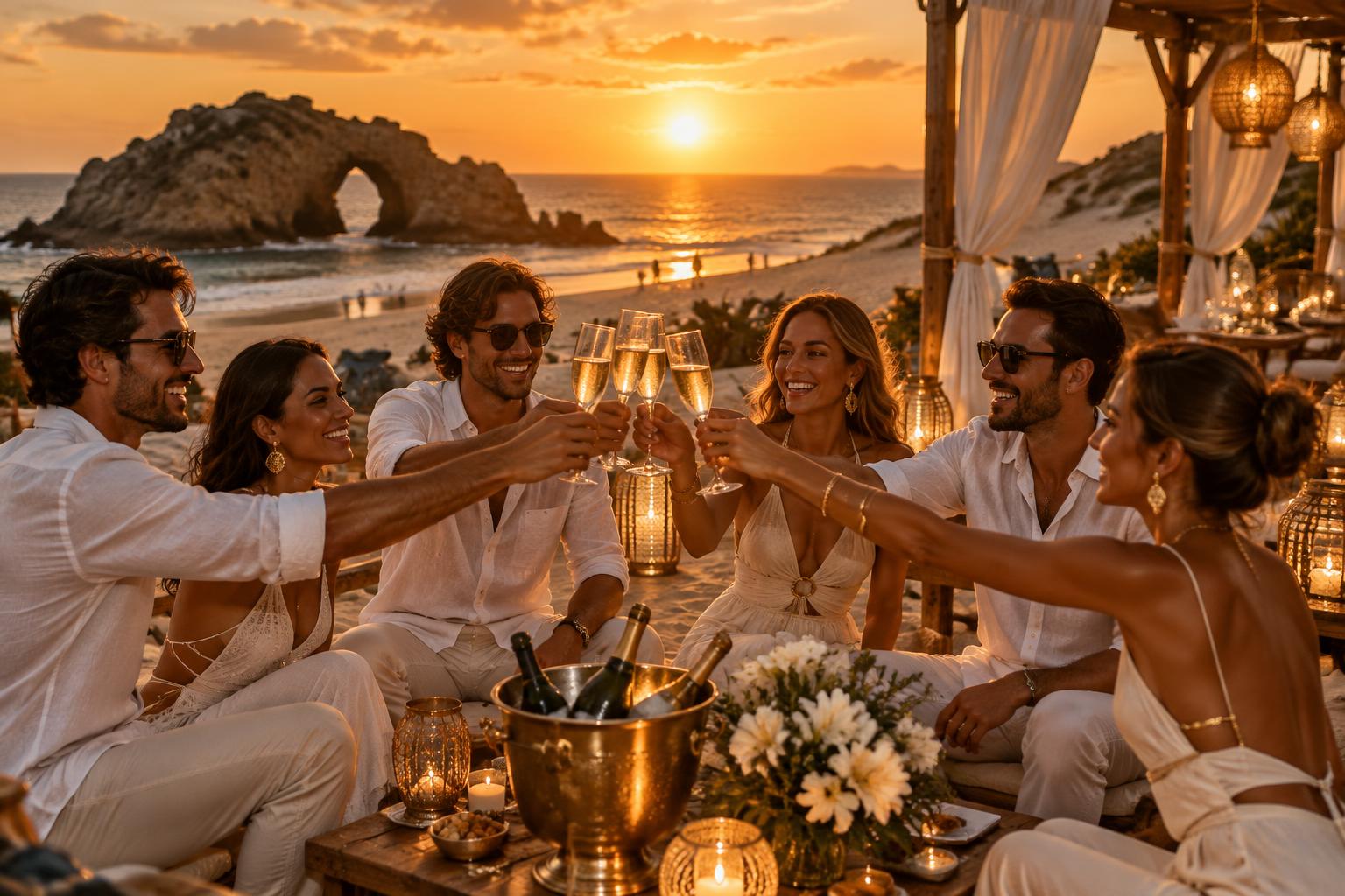 Celebração com brinde ao pôr do sol na praia de Jericoacoara